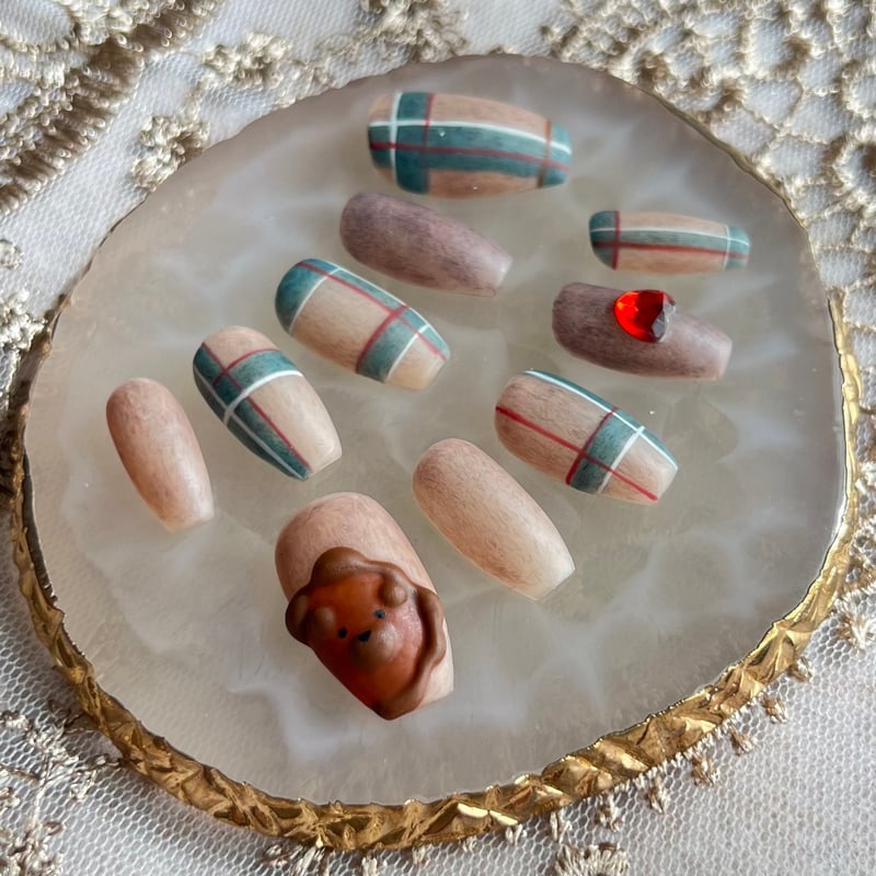 くまシーリングスタンプ🧸×フラッフィーチェックネイルチップ