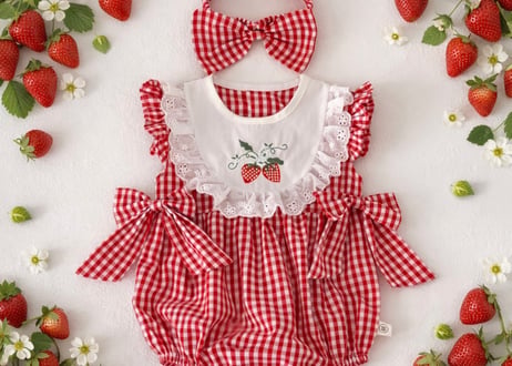 いちごギンガムチェックロンパースセット🍓66〜90