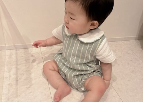 襟付きグリーンcottonロンパース59〜90💚即納