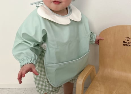 襟付きパステルカラー長袖エプロン🩵S〜M