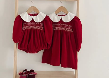 スモッキングワインレッドワンピース&ロンパース66〜130