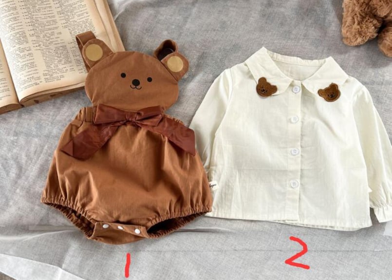 くま様ベージュ1サロペット BABY】クマ柄コーデュロイサロペットロンパース＆ボーダーシャツ