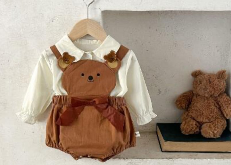 くま様ベージュ1サロペット サロペット&ボディスーツ 2アイテムセット - ライトベージュ