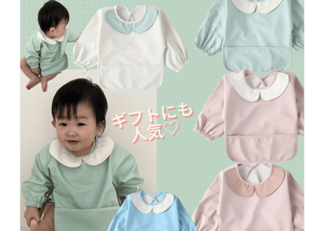 襟付きパステルカラー長袖エプロン🩵S〜M