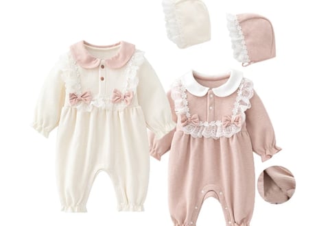 裏起毛リボンレースロンパース♡帽子付き(秋冬)♡59〜80