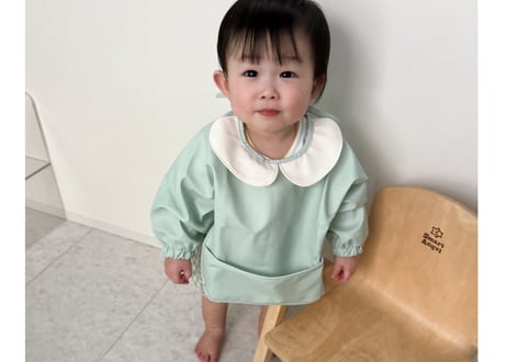 襟付きパステルカラー長袖エプロン🩵S〜M