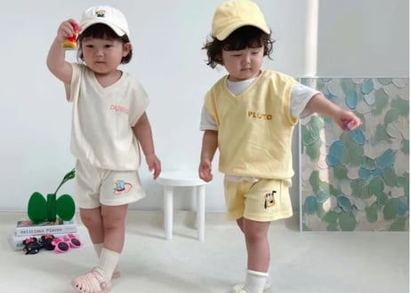 韓国ディズニー刺繍ロゴベストセットアップ80〜120
