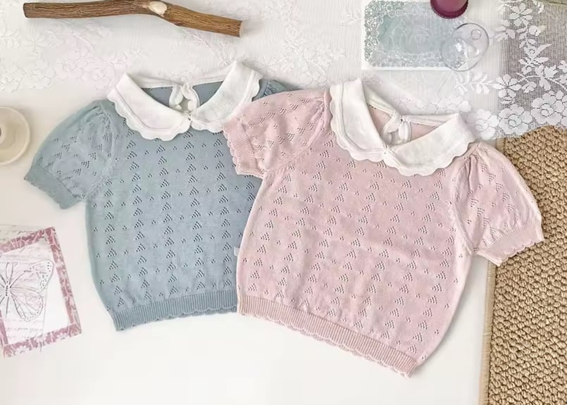 珍品 名作 80s-90s 襟付き パステルピンクニット セゾンドパピヨン SAISON DE PAPILLON 襟付きハイゲージ編みニットプル