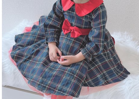 Xmas襟付き緑チェックドレス♡80〜130一部即納