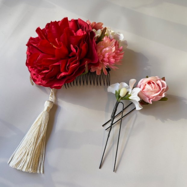アートフラワー 髪飾り 3点セット【ラナンとローズ・タッセル