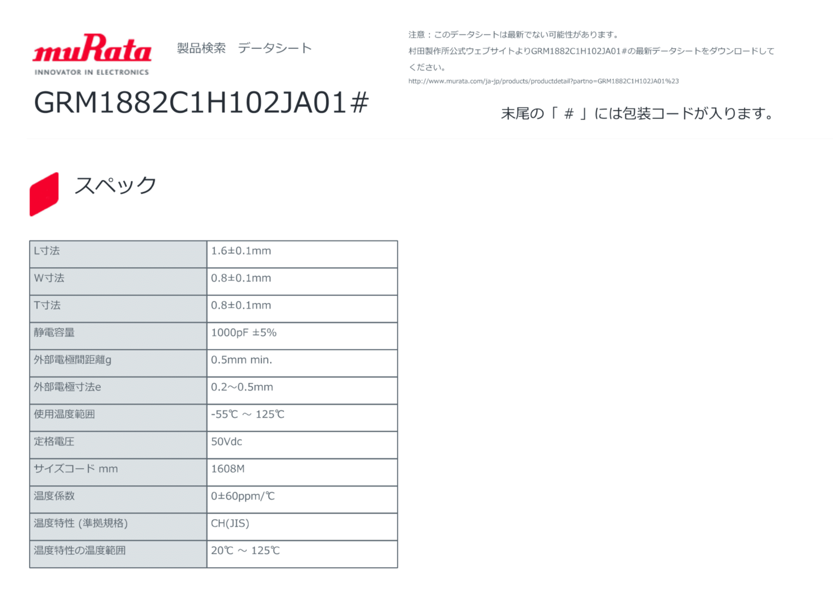 セラミックコンデンサ GRM1882C1H102JA01D 50個リールカット品 50V10
