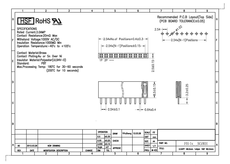 ピンソケット FH-1x5SG/RH 1x5P 2.54ピッチ 10個セット 金メッキ