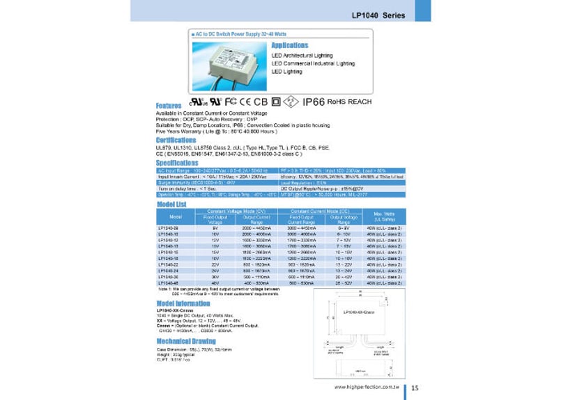 LP1040-24(SHOWA LHT製)｜ACDC LED電源｜40W・定電圧24V｜IP6