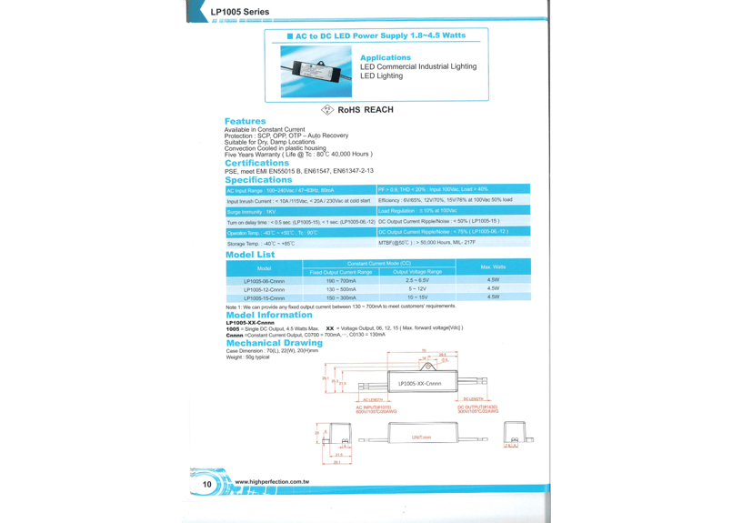 LP1005-15-C0250(SHOWA LHT製)｜ACDC LED電源｜3.8W・定電流