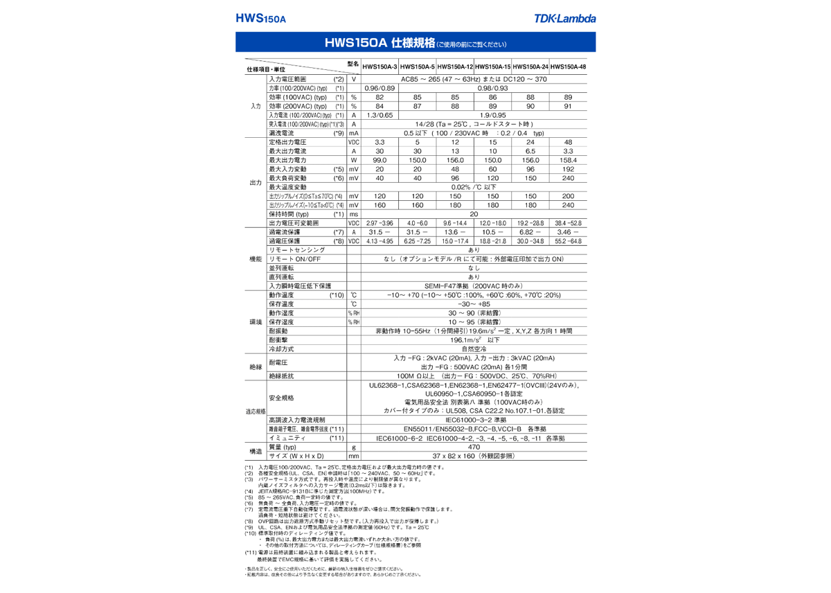 ACDC電源 150W12V HWS150A-12/A TDKラムダ ユニット電源 組込電源