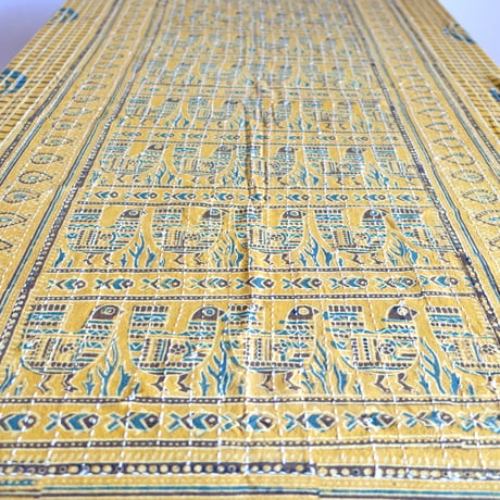 マルチクロス　刺し子　約145×235cm　インド綿　ブロックプリント　アジュラック　イエロー×鳥