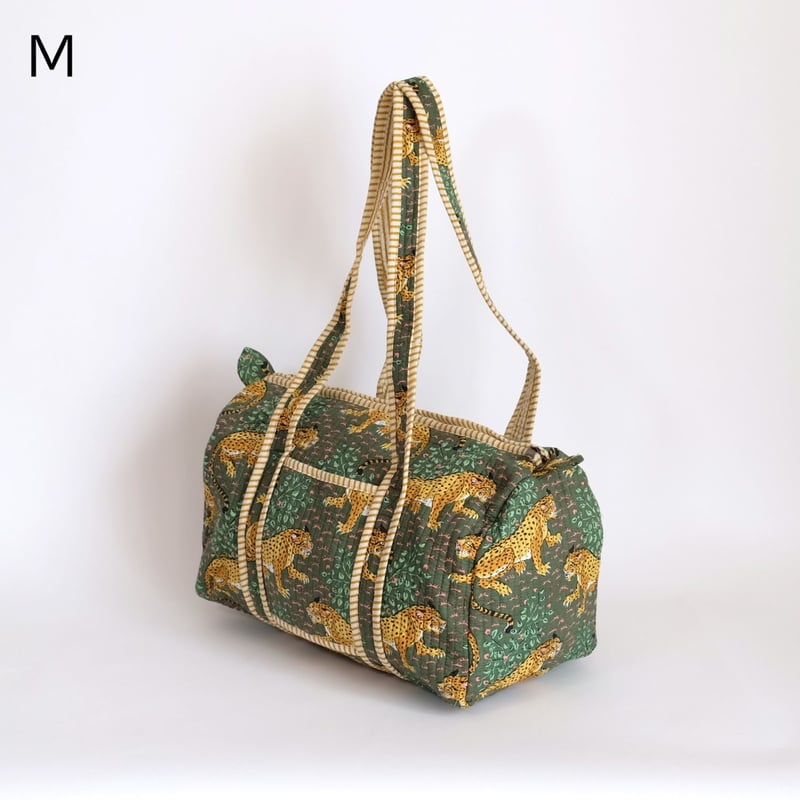 ダッフルバッグ インド綿 ブロックプリント グリーンレオパルド