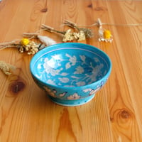 陶器小物入れ　インド　ブルーポタリー　大サイズ　水色唐草