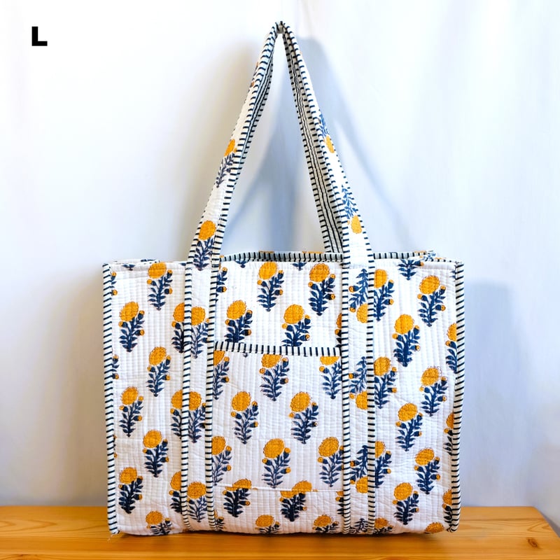 トートバッグ インド綿 ブロックプリント イエローフラワー | インド