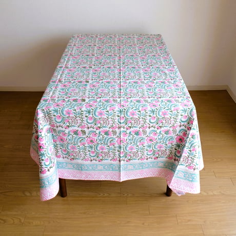 マルチクロス　約152×228㎝　インド綿　ブロックプリント　ライトピンクフラワー