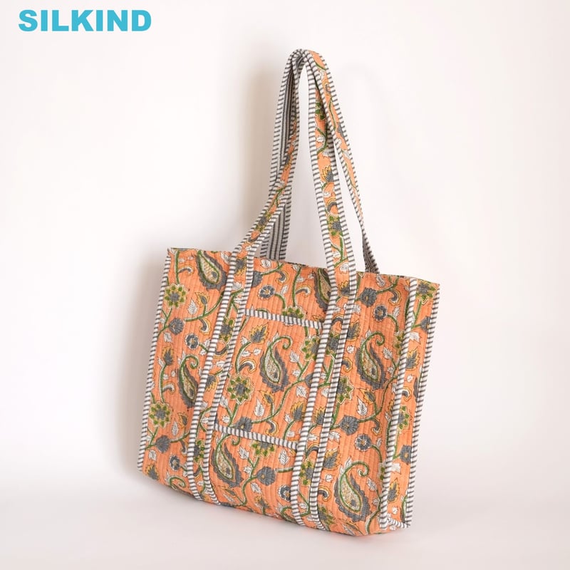トートバッグ インド綿 ブロックプリント オレンジペイズリー | インド