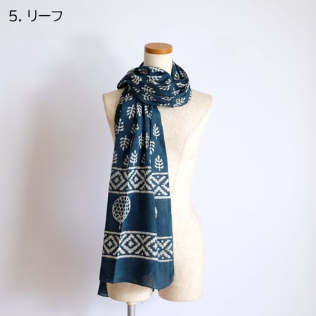 インド綿　ストール　ブロックプリント　約50×200cm　ビリジアン