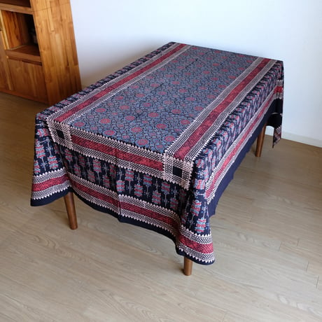 マルチクロス　約145×224cm　インド綿　ブロックプリント　アジュラック　ブラック×紋章