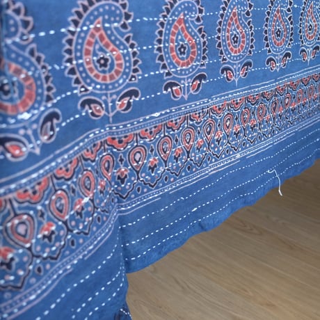 マルチクロス　刺し子　約145×235cm　インド綿　ブロックプリント　アジュラック　インディゴ×格子
