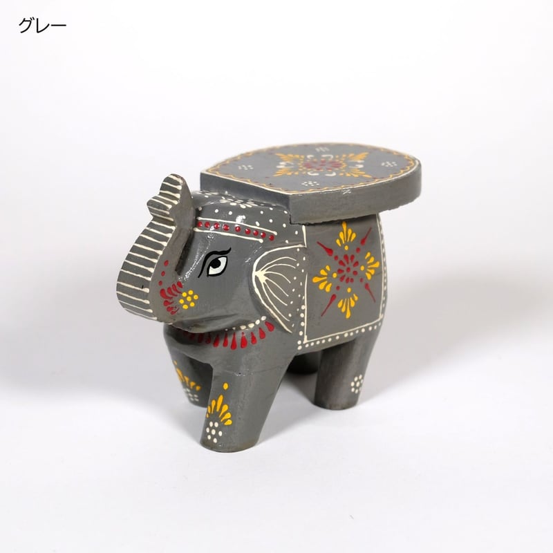 象の置物 木製 キャンドル立て インド グレー/オレンジ/ブラック