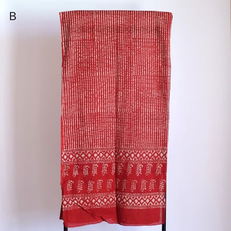 インド綿　ストール　ブロックプリント　約54×195cm　レッド　4種類