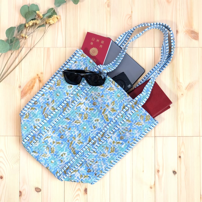 トートバッグ インド綿 ブロックプリント ライトブルー | インド雑貨の