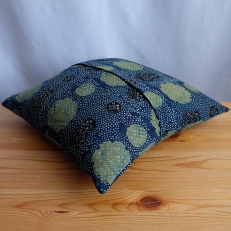 クッションカバー　約40×40cm　インド綿　ブロックプリント　アジュラック　ターコイズ×水玉