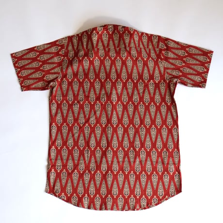ショートスリーブシャツ　ブロックプリント　Medium/Large　レッド×糸杉