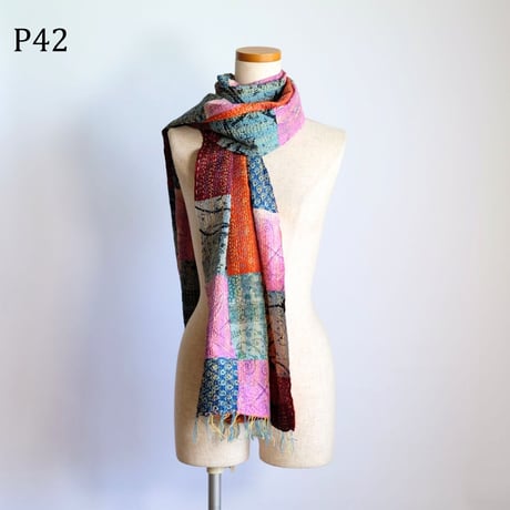 シルクカンタ　ストール　パッチワーク　約50×200cm　インド刺し子布　P41～P50