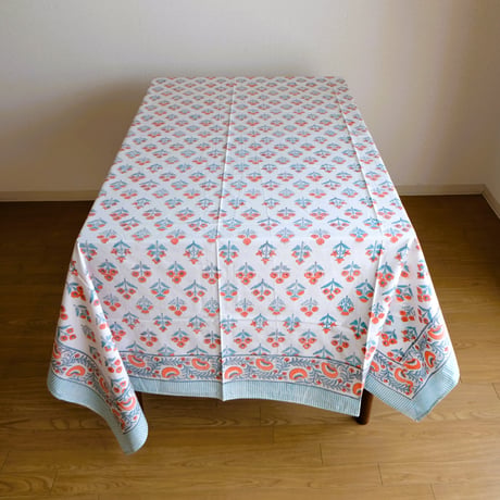 マルチクロス　約152×228㎝　インド綿　ブロックプリント　オレンジフラワー