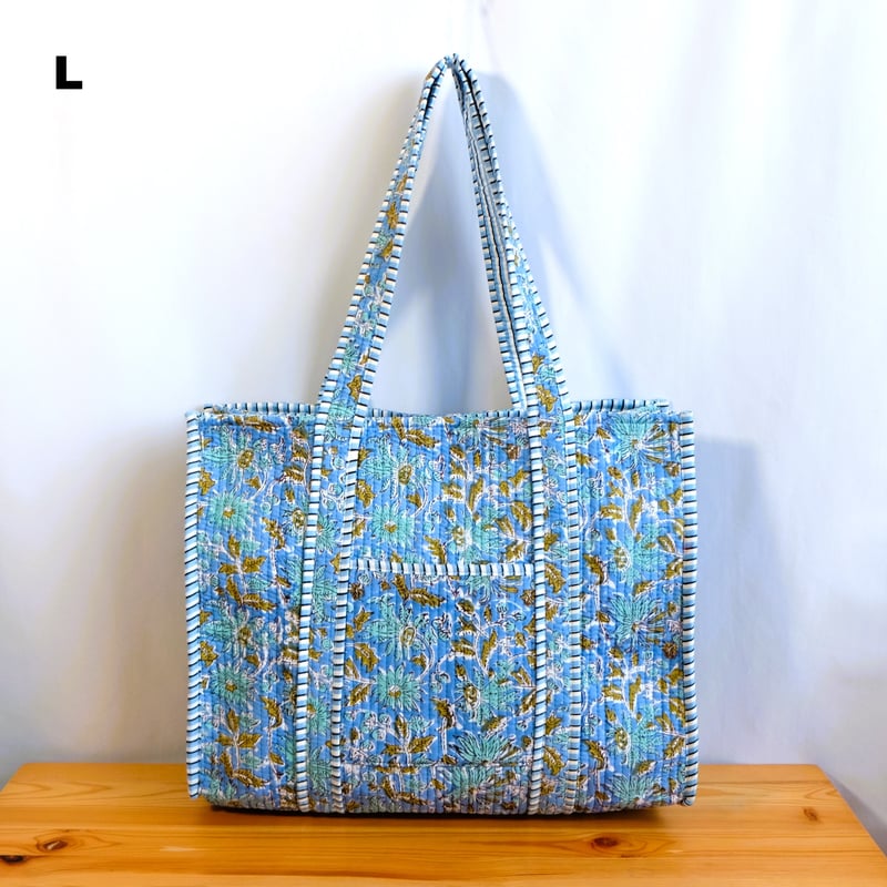 トートバッグ インド綿 ブロックプリント ライトブルー | インド雑貨の