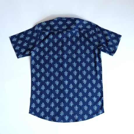 ショートスリーブシャツ　ブロックプリント　Medium/Large　インディゴ×リーフ