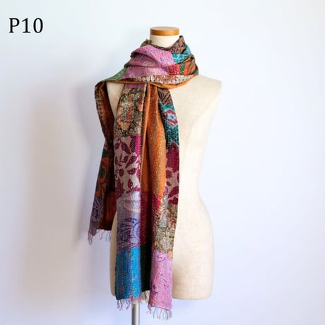 シルクカンタ　ストール　パッチワーク　約50×200cm　インド刺し子布　P1～P10