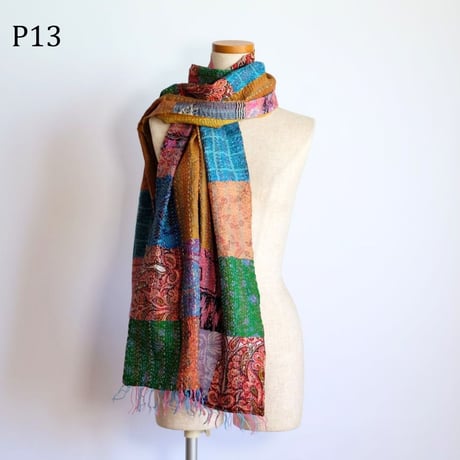 シルクカンタ　ストール　パッチワーク　約50×200cm　インド刺し子布　P11～P20