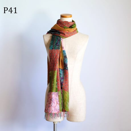 シルクカンタ　ストール　パッチワーク　約50×200cm　インド刺し子布　P41～P50