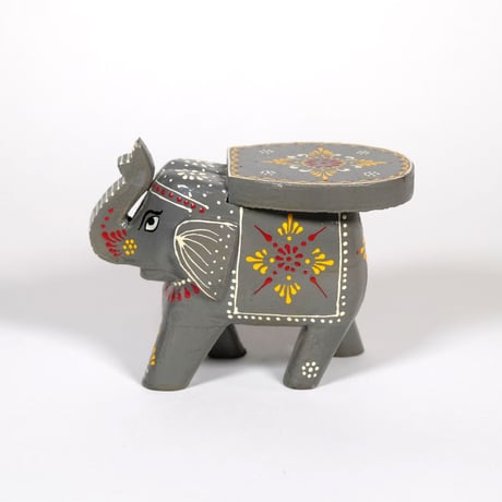 象の置物　木製　キャンドル立て　インド　グレー/オレンジ/ブラック