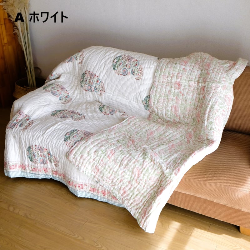 キルト ブランケット インド綿 ブロックプリント ダブルサイズ