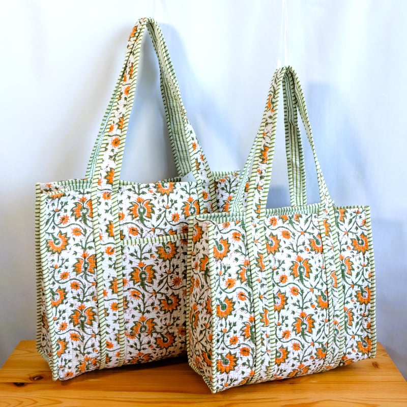 トートバッグ インド綿 ブロックプリント オレンジプラント | インド