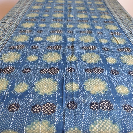マルチクロス　刺し子　約145×235cm　インド綿　ブロックプリント　アジュラック　ターコイズ×水玉