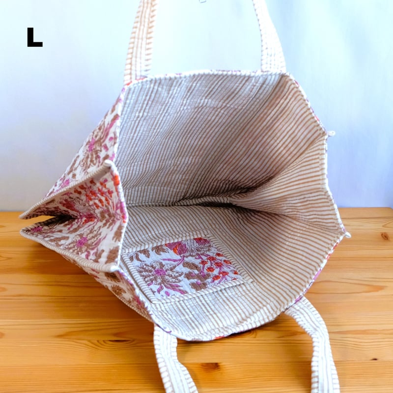 トートバッグ インド綿 ブロックプリント ピンクプラント | インド雑貨