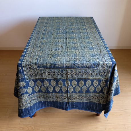 マルチクロス　刺し子　約145×235cm　インド綿　ブロックプリント　アジュラック　ターコイズ×格子