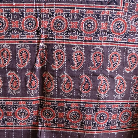 マルチクロス　刺し子　約145×235cm　インド綿　ブロックプリント　アジュラック　ブラウン×紋章