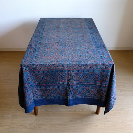 マルチクロス　約145×224cm　インド綿　ブロックプリント　アジュラック　インディゴ×紋章