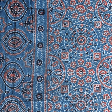 マルチクロス　約145×224cm　インド綿　ブロックプリント　アジュラック　インディゴ×紋章
