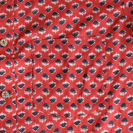 ショートスリーブシャツ　ブロックプリント　Medium/Large　レッド×小花